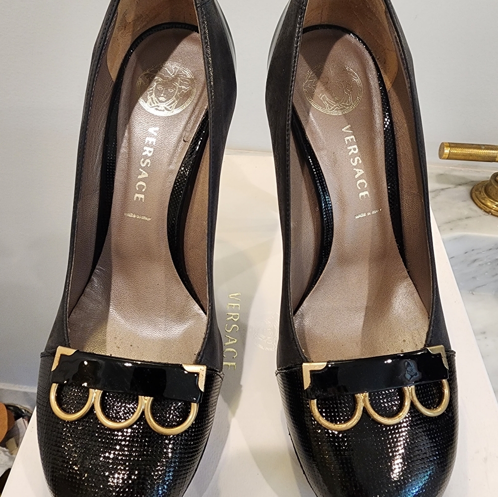 Versace black leather heels